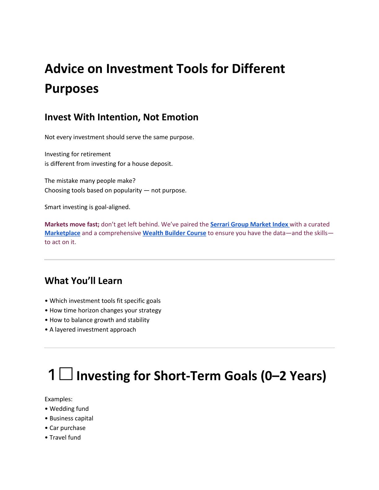 Advice on Investment Tools for Different Purposes cover